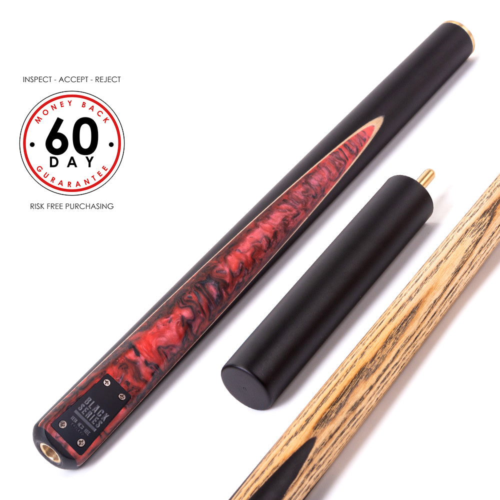 BCE Black Series - Mark Selby - 3 Piece Snooker Cue - 3/4 Cut Cue - Layered Ebonised Black Wood Butt - 9.5mm Tip - 145cm - Black/ Red and Black Marbleised Resin