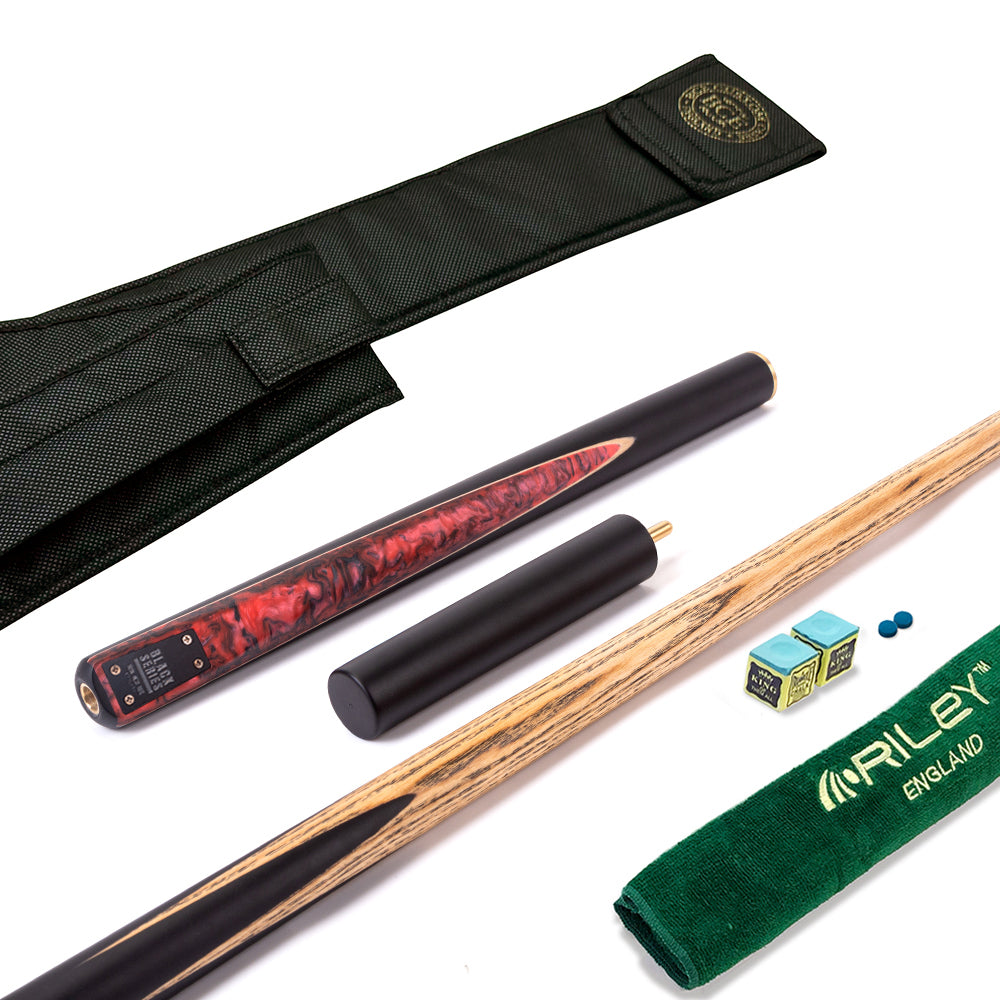 BCE Black Series - Mark Selby - 3 Piece Snooker Cue - 3/4 Cut Cue - Layered Ebonised Black Wood Butt - 9.5mm Tip - 145cm - Black/ Red and Black Marbleised Resin