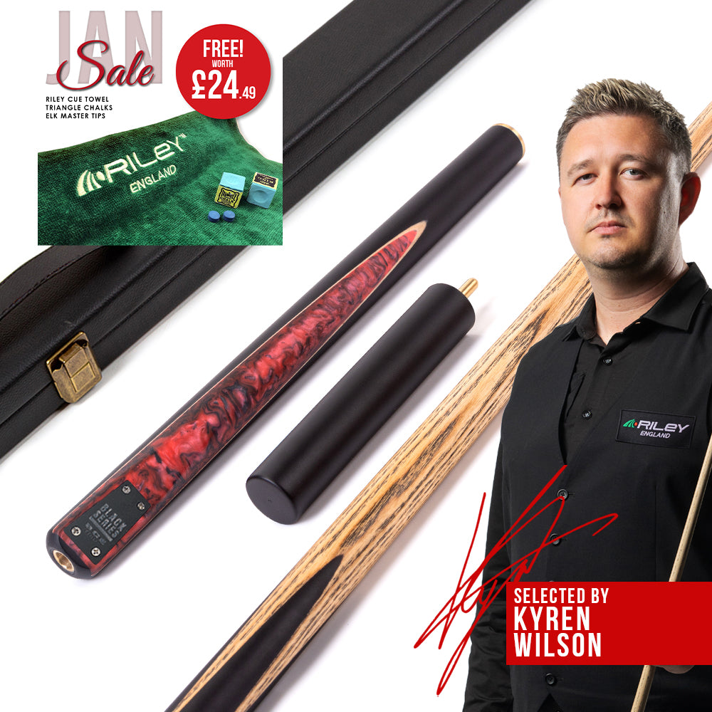 BCE Black Series - 3 Piece Snooker Cue - 3/4 Cut Cue - Layered Ebonised Black Wood Butt - 9.5mm Tip - 145cm - Black/ Red and Black Marbleised Resin