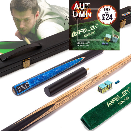 BCE Black Series - Mark Selby - 3 Piece Snooker Cue - 3/4 Cut Cue - Layered Ebonised Black Wood Butt - 9.5mm Tip - 145cm - Black/ Blue and White Marbleised Resin