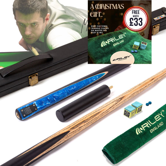 BCE Black Series - Mark Selby - 3 Piece Snooker Cue - 3/4 Cut Cue - Layered Ebonised Black Wood Butt - 9.5mm Tip - 145cm - Black/ Blue and White Marbleised Resin