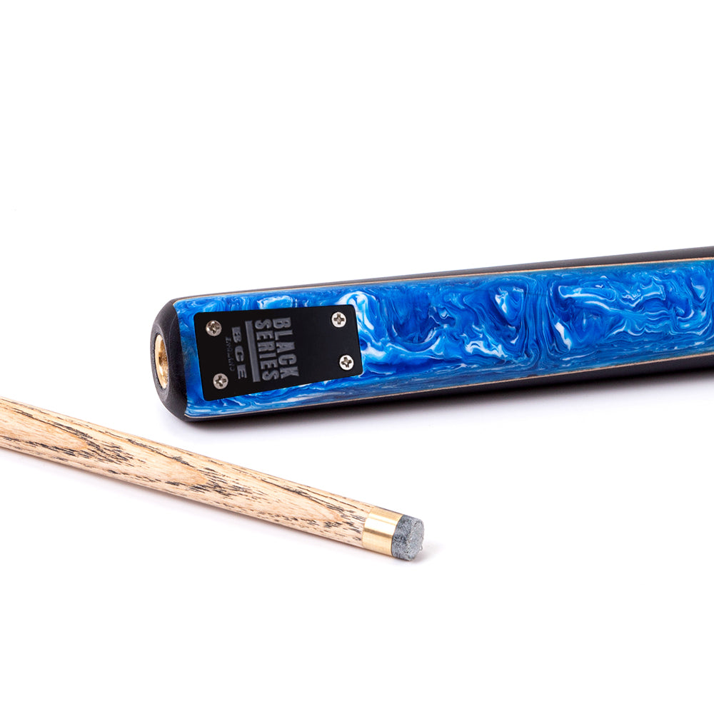 BCE Black Series - Mark Selby - 3 Piece Snooker Cue - 3/4 Cut Cue - Layered Ebonised Black Wood Butt - 9.5mm Tip - 145cm - Black/ Blue and White Marbleised Resin