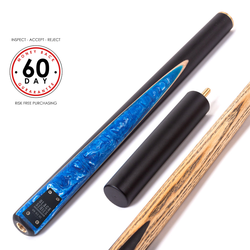 BCE Black Series - Mark Selby - 3 Piece Snooker Cue - 3/4 Cut Cue - Layered Ebonised Black Wood Butt - 9.5mm Tip - 145cm - Black/ Blue and White Marbleised Resin