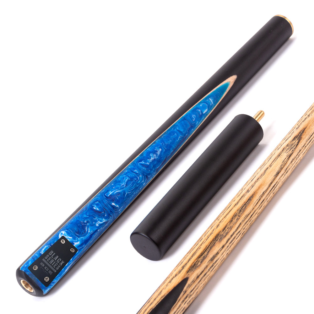 BCE Black Series - Mark Selby - 3 Piece Snooker Cue - 3/4 Cut Cue - Layered Ebonised Black Wood Butt - 9.5mm Tip - 145cm - Black/ Blue and White Marbleised Resin