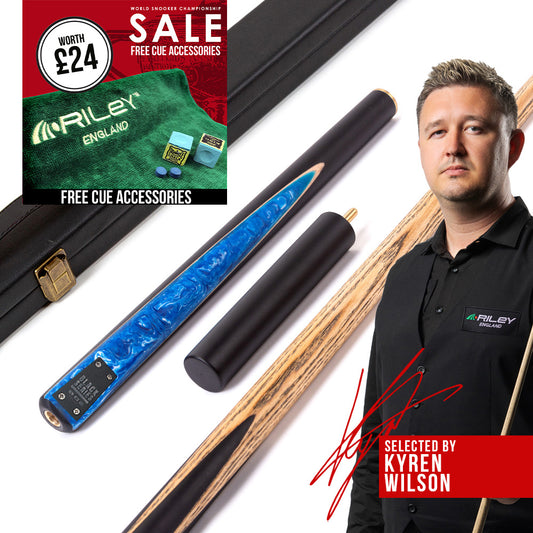 BCE Black Series - 3 Piece Snooker Cue - 3/4 Cut Cue - Layered Ebonised Black Wood Butt - 9.5mm Tip - 145cm - Black/ Blue and White Marbleised Resin