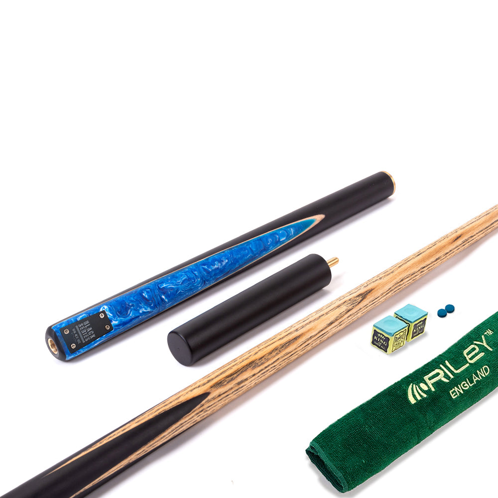 BCE Black Series - Mark Selby - 3 Piece Snooker Cue - 3/4 Cut Cue - Layered Ebonised Black Wood Butt - 9.5mm Tip - 145cm - Black/ Blue and White Marbleised Resin