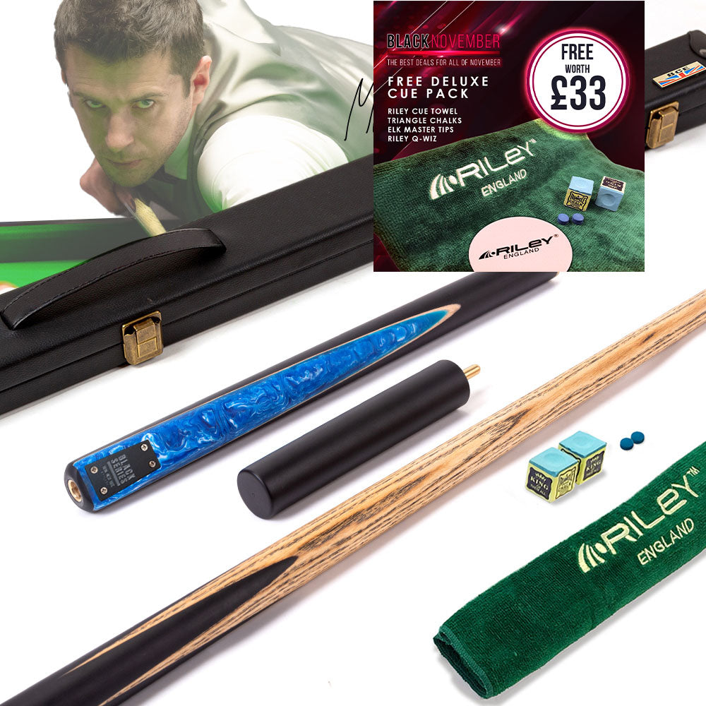 BCE Black Series - Mark Selby - 3 Piece Snooker Cue - 3/4 Cut Cue - Layered Ebonised Black Wood Butt - 9.5mm Tip - 145cm - Black/ Blue and White Marbleised Resin