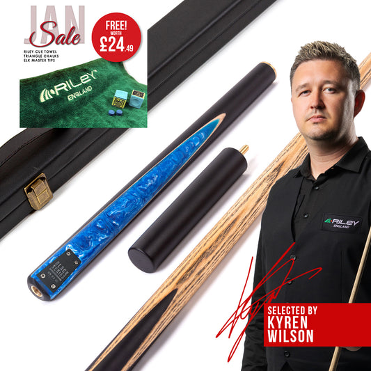 BCE Black Series - 3 Piece Snooker Cue - 3/4 Cut Cue - Layered Ebonised Black Wood Butt - 9.5mm Tip - 145cm - Black/ Blue and White Marbleised Resin