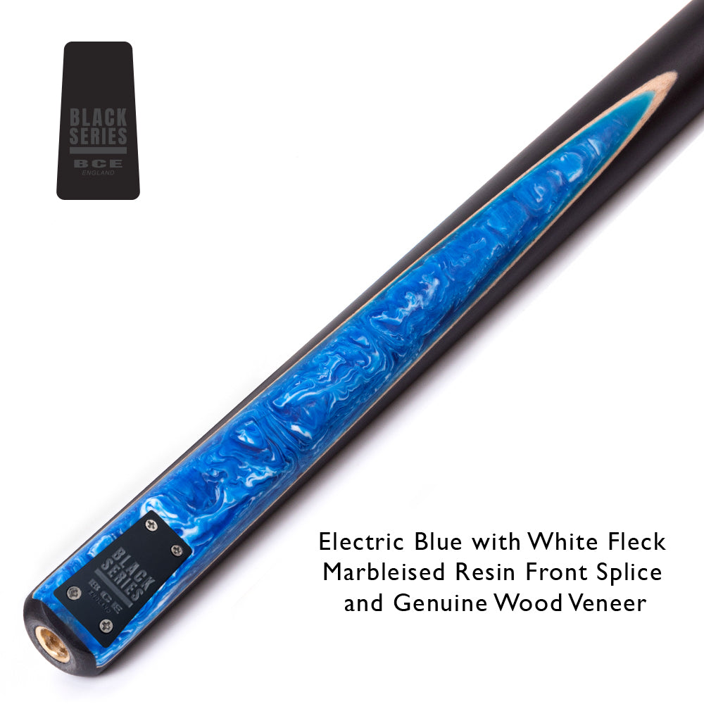 BCE Black Series - Mark Selby - 3 Piece Snooker Cue - 3/4 Cut Cue - Layered Ebonised Black Wood Butt - 9.5mm Tip - 145cm - Black/ Blue and White Marbleised Resin