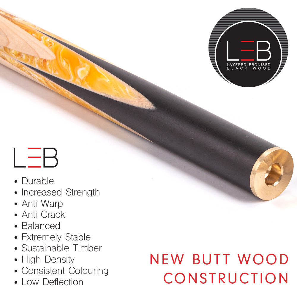 BCE Black Series - Mark Selby - 3 Piece Snooker Cue - 3/4 Cut - Layered Ebonised Black Wood Butt - 9.5mm Tip - 145cm - Black/ Yellow and White Marbleised Resin / Natural Wood