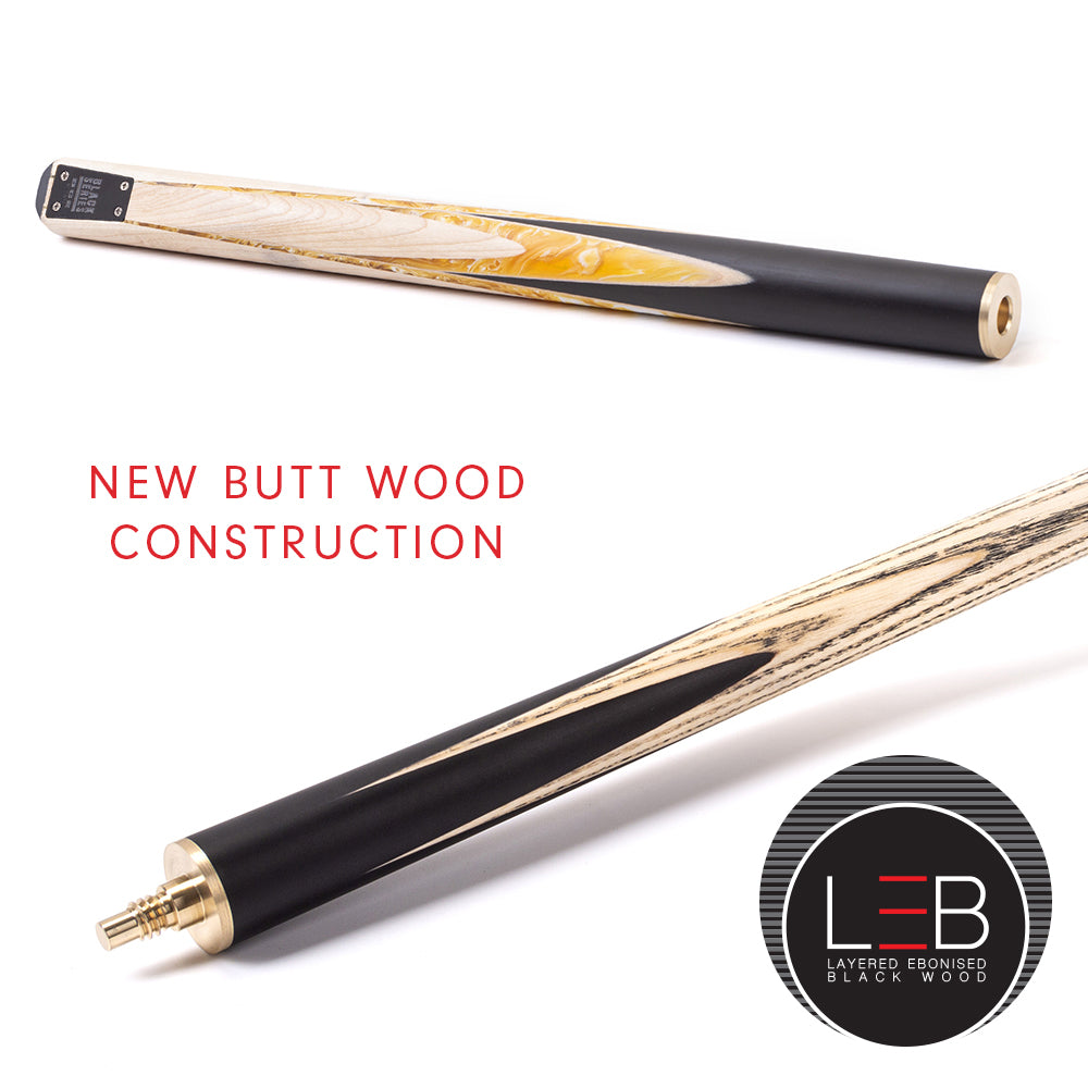 BCE Black Series - Mark Selby - 3 Piece Snooker Cue - 3/4 Cut - Layered Ebonised Black Wood Butt - 9.5mm Tip - 145cm - Black/ Yellow and White Marbleised Resin / Natural Wood