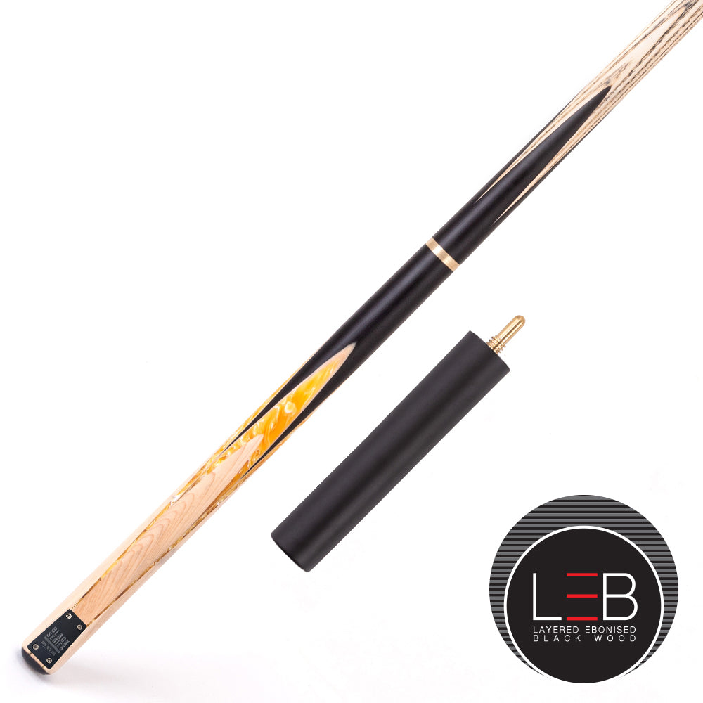 BCE Black Series - Mark Selby - 3 Piece Snooker Cue - 3/4 Cut - Layered Ebonised Black Wood Butt - 9.5mm Tip - 145cm - Black/ Yellow and White Marbleised Resin / Natural Wood