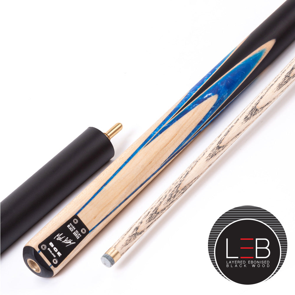 BCE Black Series - Mark Selby - 3 Piece Snooker Cue and Hard Case - 3/4 Cut Cue - Ebony Butt- 9.5mm Tip - 145cm - Black/ Blue and White Marbleised Resin / Natural Wood