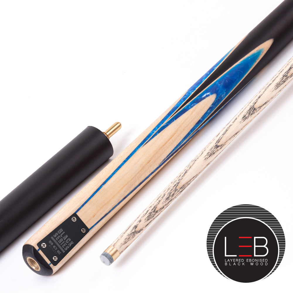 BCE Black Series - Mark Selby - 3 Piece Snooker Cue - 3/4 Cut - Layered Ebonised Black Wood Butt - 9.5mm Tip - 145cm - Black/ Blue and White Marbleised Resin / Natural Wood