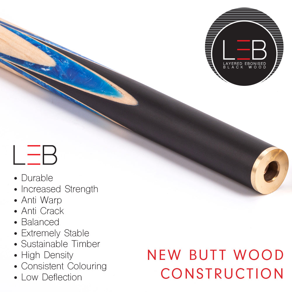 BCE Black Series - Mark Selby - 3 Piece Snooker Cue - 3/4 Cut - Layered Ebonised Black Wood Butt - 9.5mm Tip - 145cm - Black/ Blue and White Marbleised Resin / Natural Wood