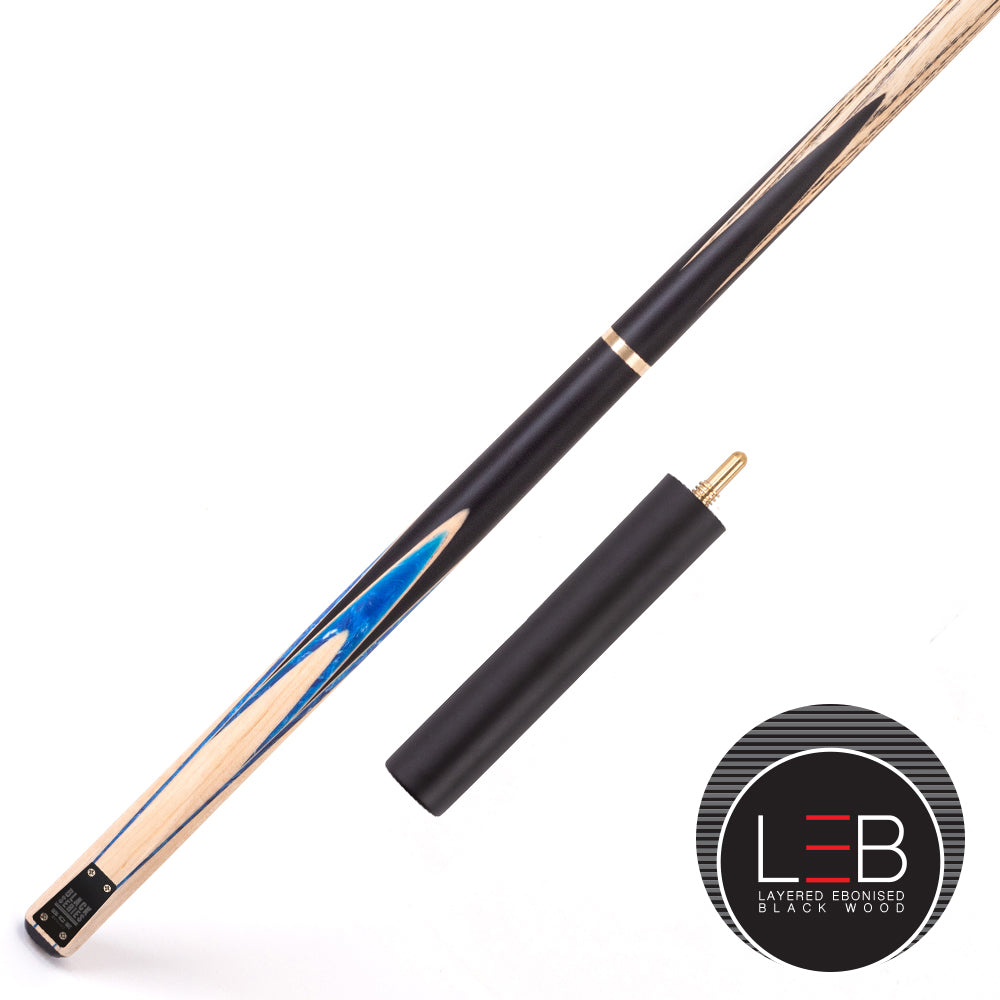 BCE Black Series - Mark Selby - 3 Piece Snooker Cue - 3/4 Cut - Layered Ebonised Black Wood Butt - 9.5mm Tip - 145cm - Black/ Blue and White Marbleised Resin / Natural Wood