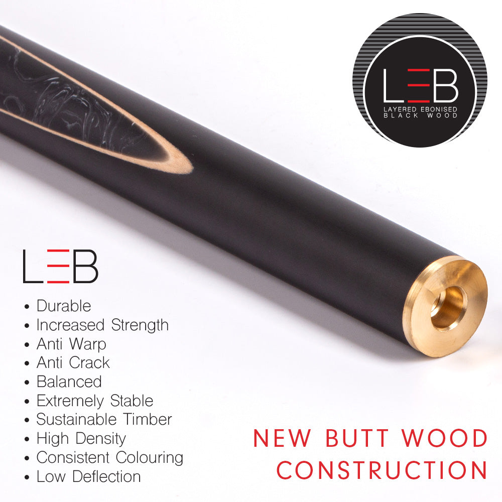 BCE Black Series - Mark Selby - 3 Piece Snooker Cue and Hard Case - 3/4 Cut Cue - Ebony Butt- 9.5mm Tip - 145cm - Black/ Black and White Marbleised Resin