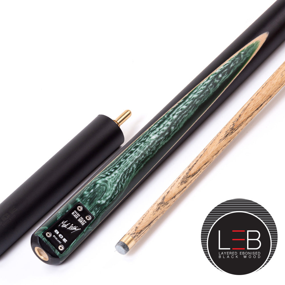 BCE Black Series - Mark Selby - 3 Piece Snooker Cue and Hard Case - 3/4 Cut Cue - Ebony Butt- 9.5mm Tip - 145cm - Black/ Green and White Marbleised Resin