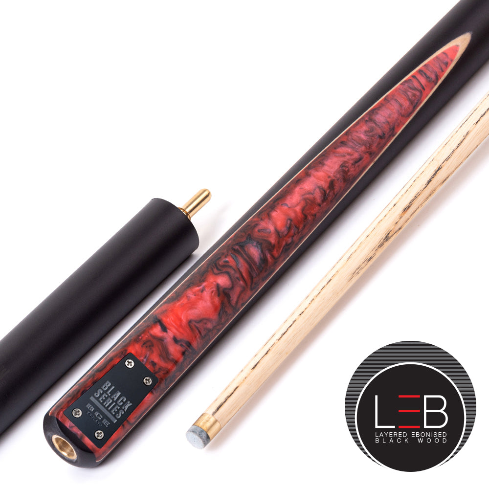 BCE Black Series - Mark Selby - 3 Piece Snooker Cue - 3/4 Cut Cue - Layered Ebonised Black Wood Butt - 9.5mm Tip - 145cm - Black/ Red and Black Marbleised Resin