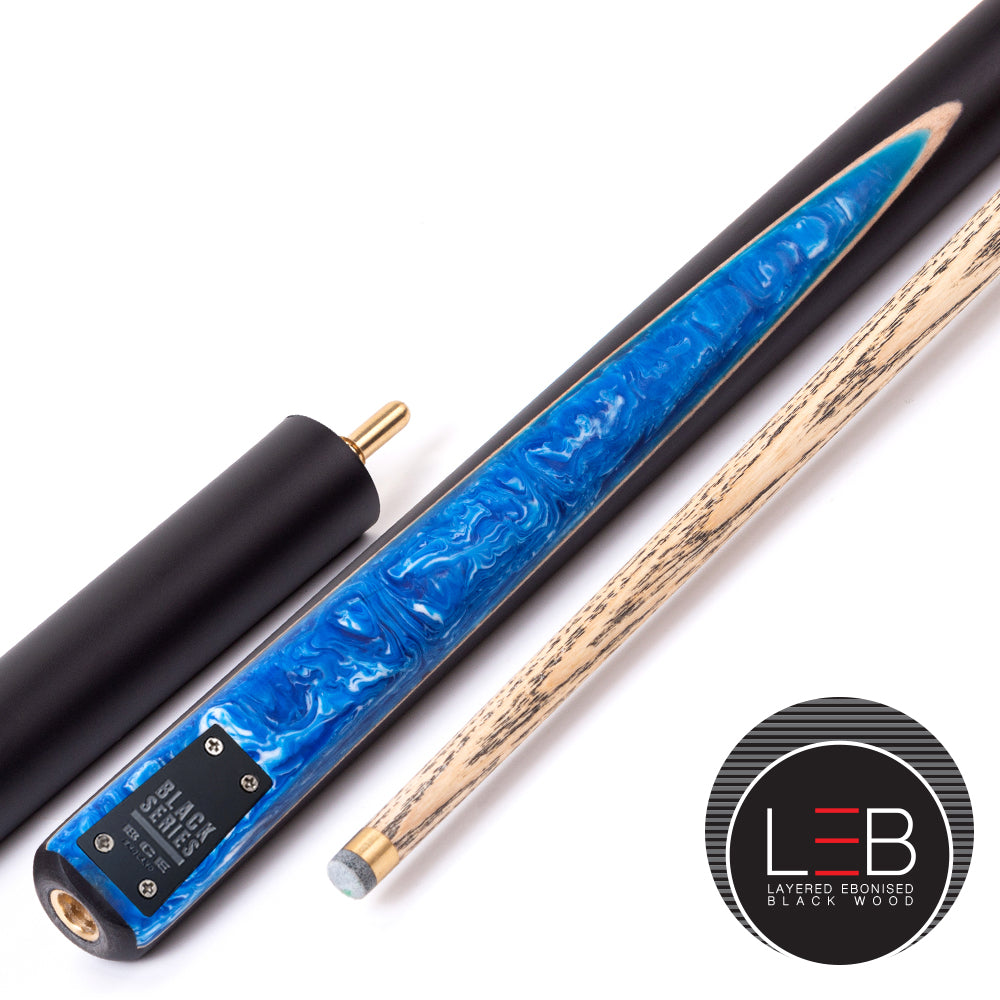 BCE Black Series - Mark Selby - 3 Piece Snooker Cue - 3/4 Cut Cue - Layered Ebonised Black Wood Butt - 9.5mm Tip - 145cm - Black/ Blue and White Marbleised Resin