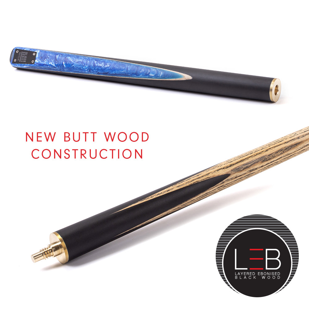 BCE Black Series - Mark Selby - 3 Piece Snooker Cue - 3/4 Cut Cue - Layered Ebonised Black Wood Butt - 9.5mm Tip - 145cm - Black/ Blue and White Marbleised Resin