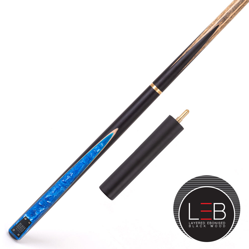 BCE Black Series - Mark Selby - 3 Piece Snooker Cue - 3/4 Cut Cue - Layered Ebonised Black Wood Butt - 9.5mm Tip - 145cm - Black/ Blue and White Marbleised Resin