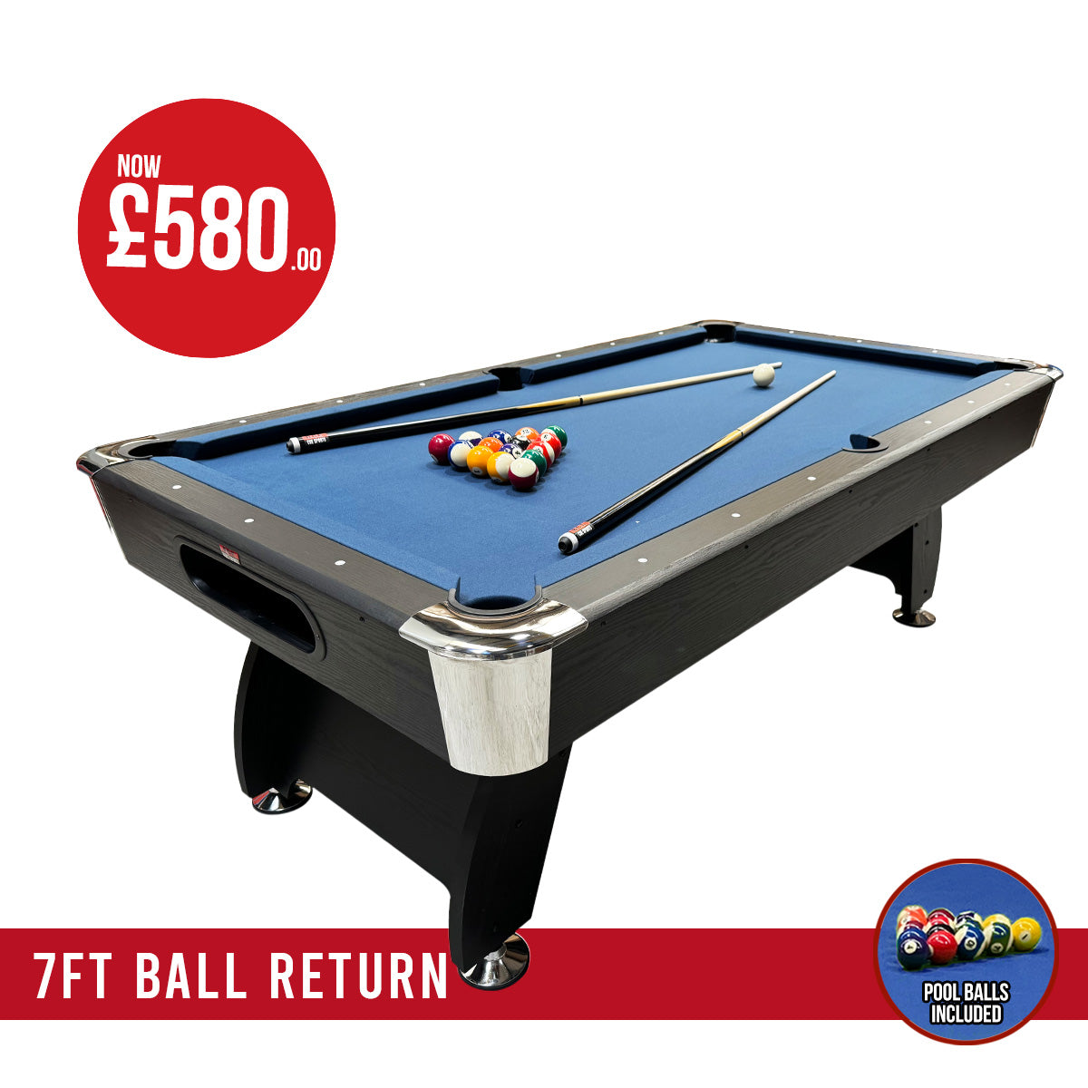 BCE 7ft Black Cat American Pool Table - Black/Wood Effect with Blue Cloth - Fixed Leg - Ball Return System