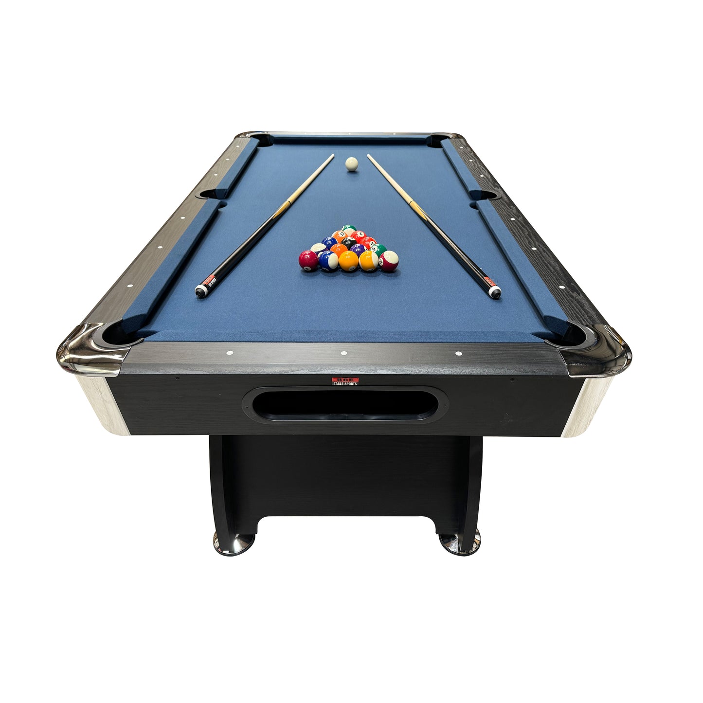 BCE 7ft Black Cat American Pool Table - Black/Wood Effect with Blue Cloth - Fixed Leg - Ball Return System