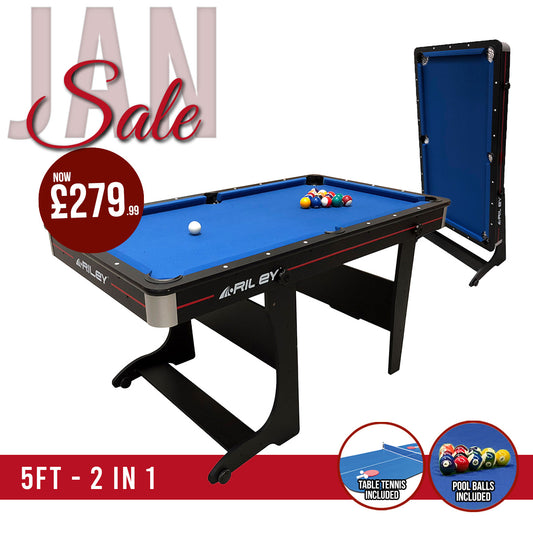 Riley 5ft 2 in 1 Folding Pool Table with Table Tennis Table - Black with Blue Cloth - Folds Vertically