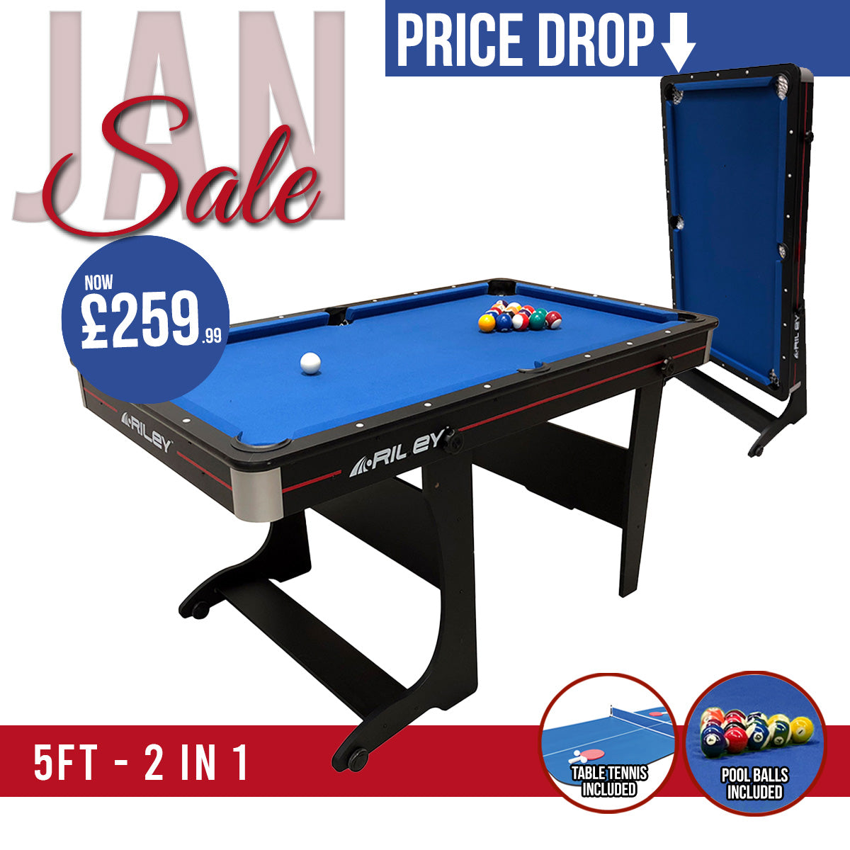 Riley 5ft 2 in 1 Folding Pool Table with Table Tennis Table - Black with Blue Cloth - Folds Vertically