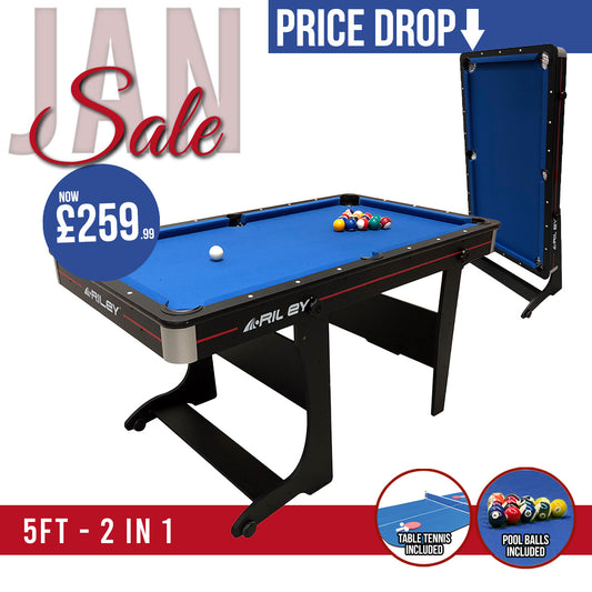 Riley 5ft 2 in 1 Folding Pool Table with Table Tennis Table - Black with Blue Cloth - Folds Vertically