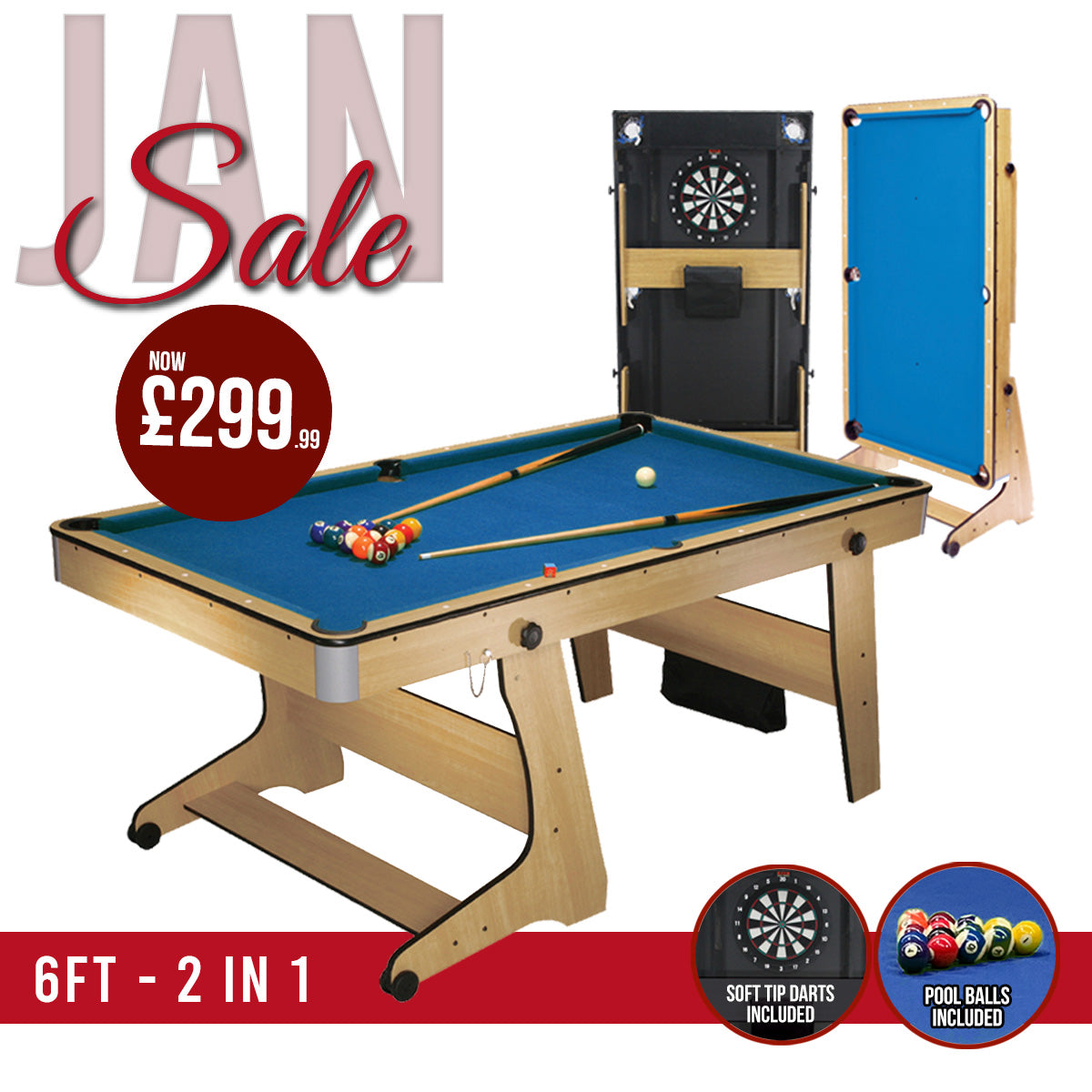 BCE 6ft Folding 2 in 1 Pool Table with Dartboard - Blue Cloth/ Beech Finish - Folds Vertically