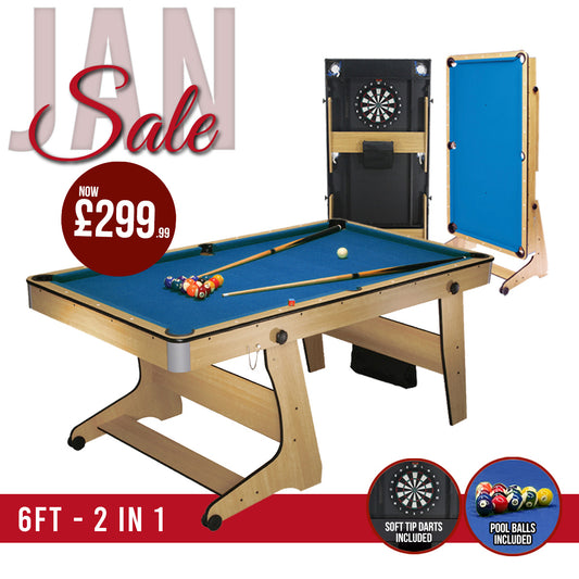 BCE 6ft Folding 2 in 1 Pool Table with Dartboard - Blue Cloth/ Beech Finish - Folds Vertically