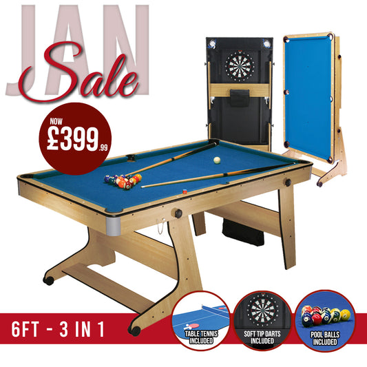 BCE 6ft Folding 3 in 1 Pool Table with Table Tennis Top and Dartboard - Blue Cloth/ Beech Finish - Folds Vertically