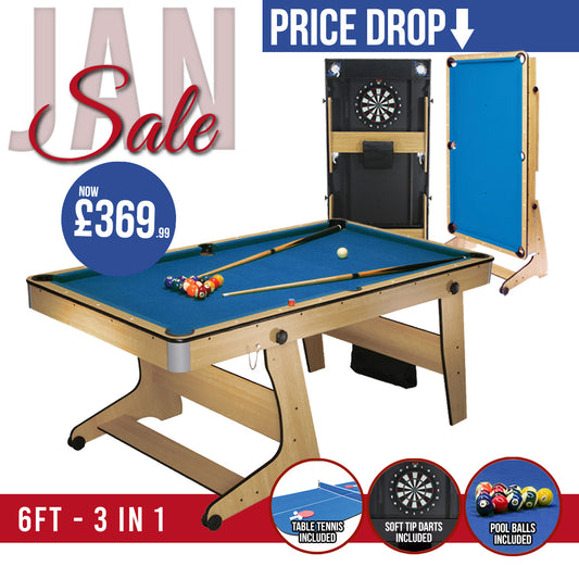 BCE 6ft Folding 3 in 1 Pool Table with Table Tennis Top and Dartboard - Blue Cloth/ Beech Finish - Folds Vertically