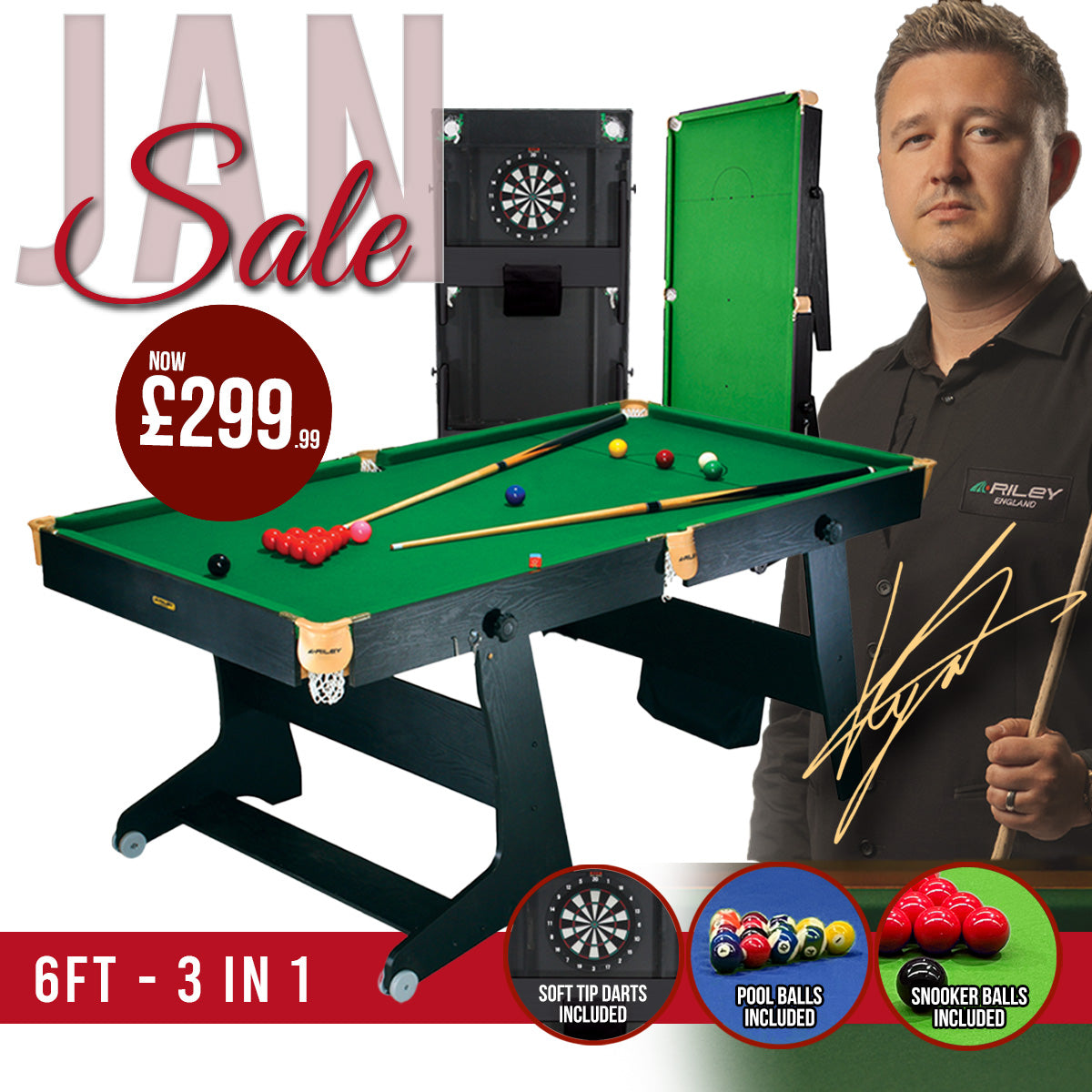 Riley 6ft 3 in 1 Folding Snooker Table - Snooker, Pool and Dartboard - Black/Wood Effect with Green Cloth - Folds Vertically