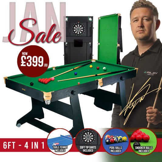 Riley 6ft 4 in 1 Folding Snooker Table - Snooker, Pool, Dartboard and Table Tennis Top - Black/Wood Effect with Green Cloth - Folds Vertically