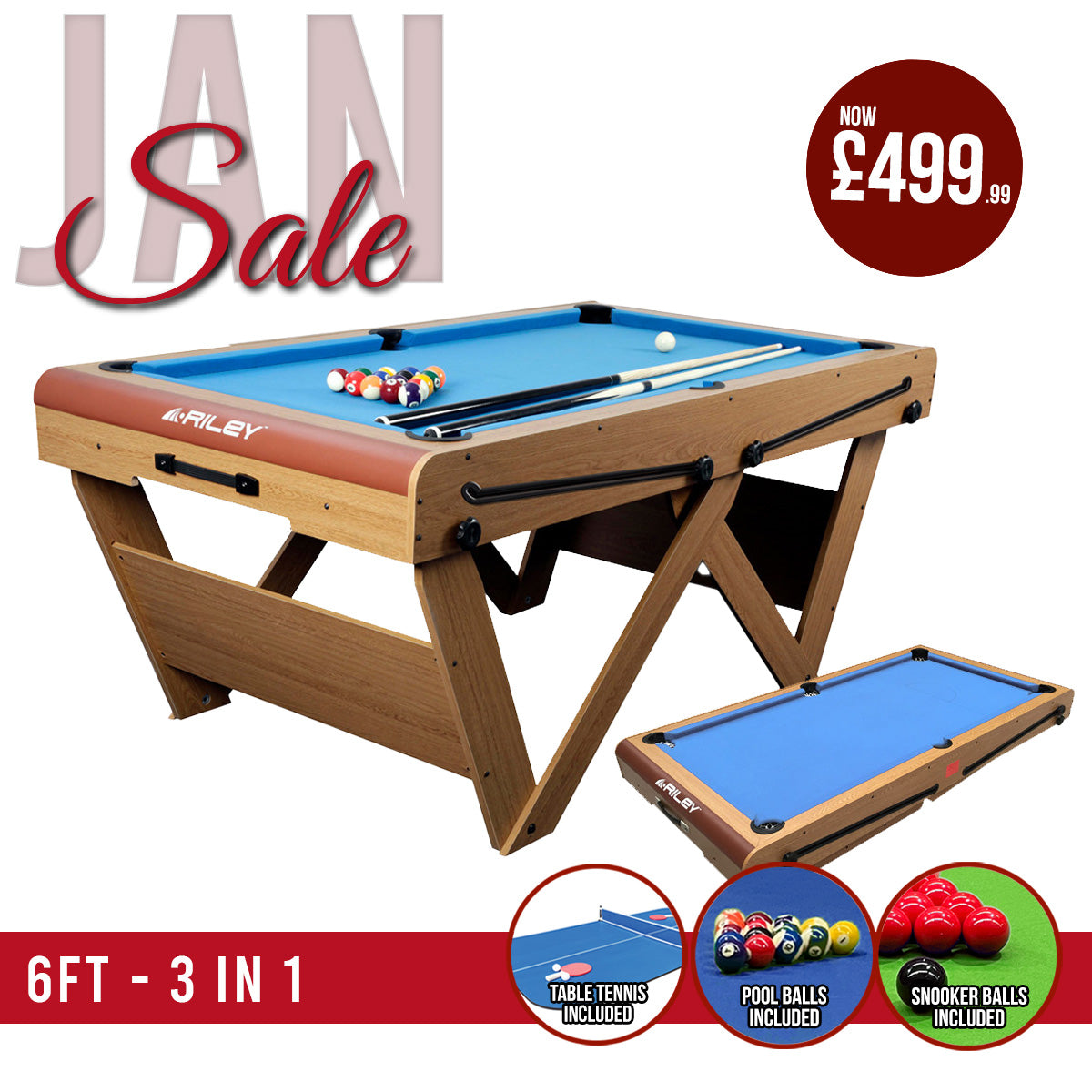 Riley 6ft Folding Snooker and Pool Table - Oak Finish with Blue Cloth - Folds Flat