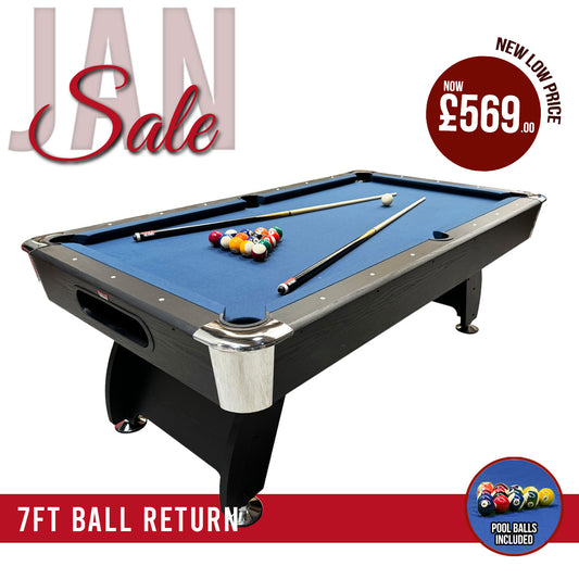 BCE 7ft Black Cat American Pool Table - Black/Wood Effect with Blue Cloth - Fixed Leg - Ball Return System