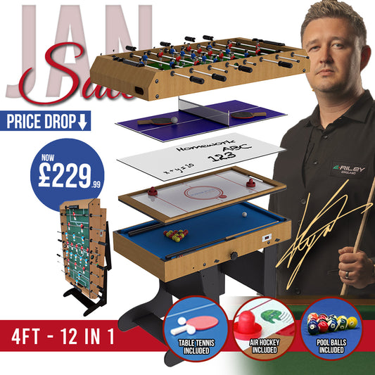 Riley 4ft 12 in 1 Multi Games Table - Natural Wood Finish/ Black Legs - Folds Vertically