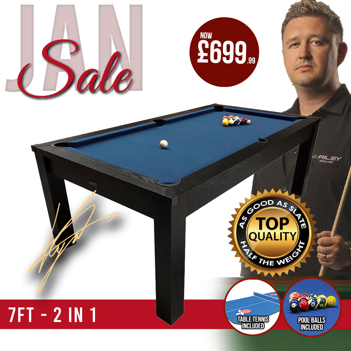 Riley 7ft Semi Pro American Pool Table - Black Ash with Blue Cloth - Metal Frame - Free Table Tennis/Dining Top