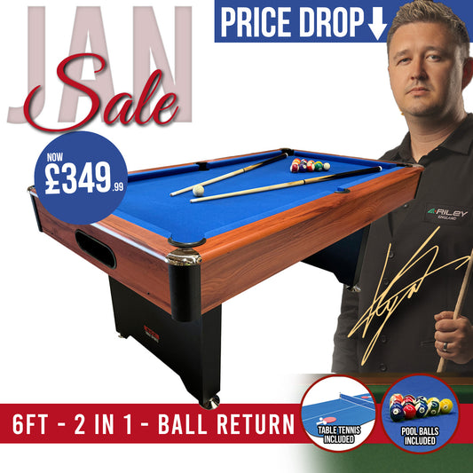 BCE 6ft 2 in 1 American Pool Table with Table Tennis Top - Black/Wood Effect with Blue Cloth - Fixed Leg - Ball Return System