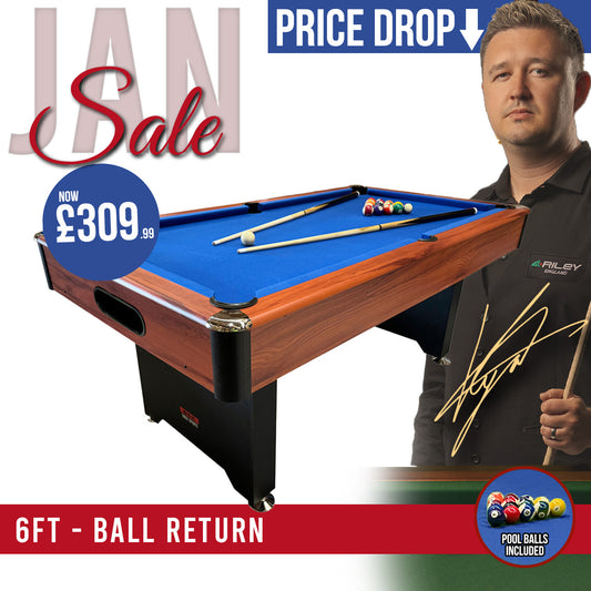 BCE 6ft American Pool Table - Black/Wood Effect with Blue Cloth - Fixed Leg - Ball Return System