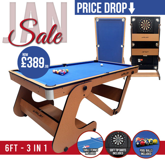 Riley 6ft Folding Pool Table with dartboard - Beech Finish with Blue Cloth - Folds Vertically - Free Table Tennis Top