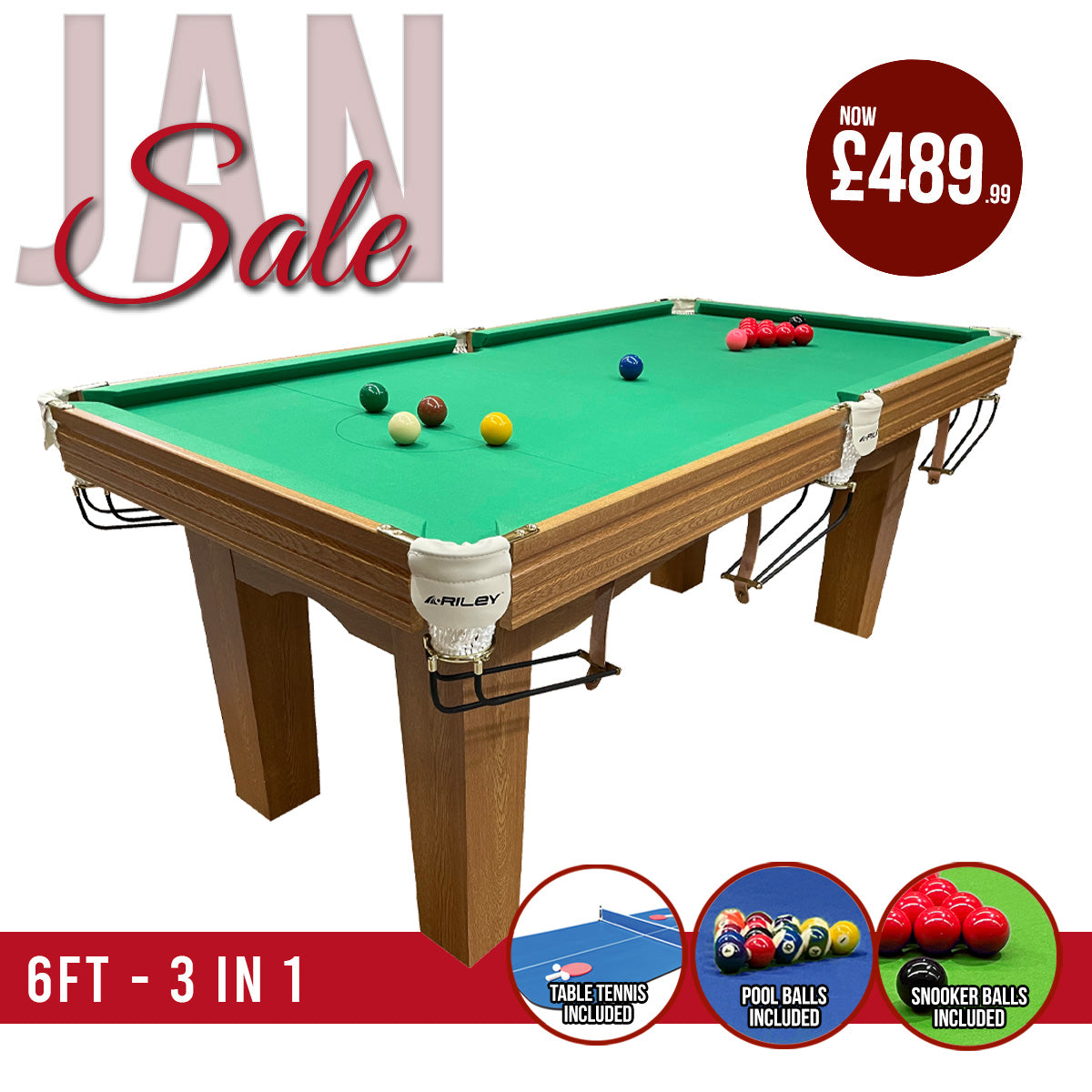 Riley 6ft Traditional Snooker and Pool Table - Oak Finish - Green Cloth - Fixed Leg - Free Table Tennis Top