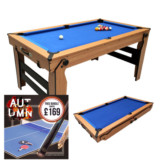 BCE 6ft Razor Folding Pool Table - Blue Cloth/ Oak Finish - Folds Flat - Free Table Tennis Top