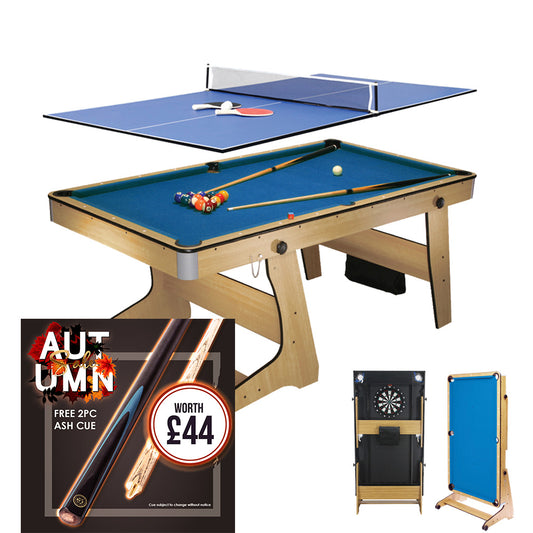 BCE 6ft Folding 3 in 1 Pool Table with Table Tennis Top and Dartboard - Blue Cloth/ Beech Finish - Folds Vertically