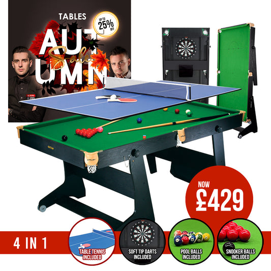 Riley 6ft 4 in 1 Folding Snooker Table - Snooker, Pool, Dartboard and Table Tennis Top - Black/Wood Effect with Green Cloth - Folds Vertically