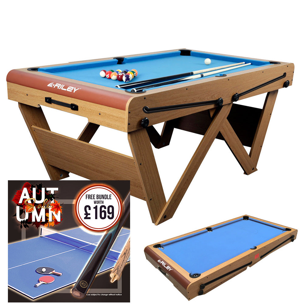 Riley 6ft Folding Snooker and Pool Table - Oak Finish with Blue Cloth - Folds Flat