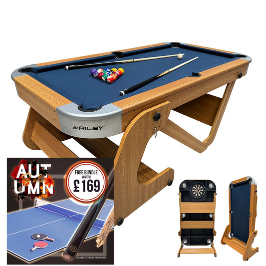 Riley 6ft 6In Supersize Folding Pool Table - Beech Finish with Blue Cloth - Folds Vertically - Free Table Tennis Top